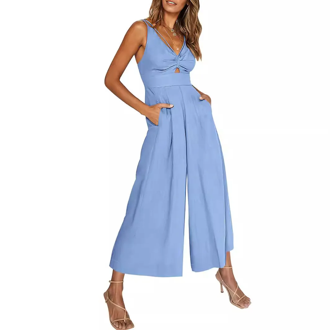Women's Summer Strap V-neck Hollow Out Ruched Wide-leg Pocket Jumpsuit Rompers