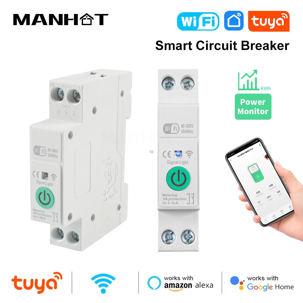 

Умный выключатель Tuya WiFi 16A на DIN-рейку с функцией статистики энергопотребления, дистанционным голосовым управлением для Alexa и Google Home
