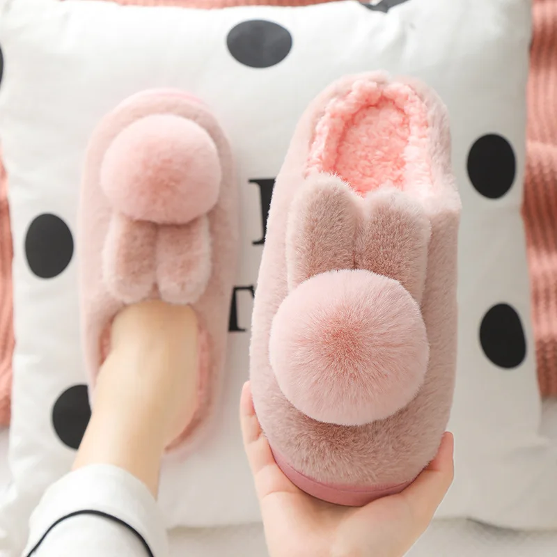 Winter Women Cute Furry Rabbit Slippers Female Lovely Plush Home Slides Ladies Soft Rabbit Ear Fluffy Sandals Adults Warm Shoes