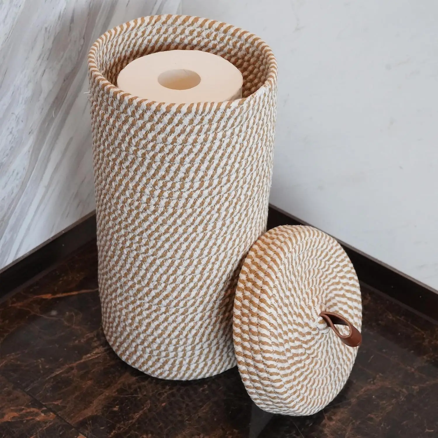 Toilet Paper Holder – Woven Toilet Paper Stand & Storage Basket with Lid, Freestanding Organizer for Bathroom, Fits 3 Mega Rolls