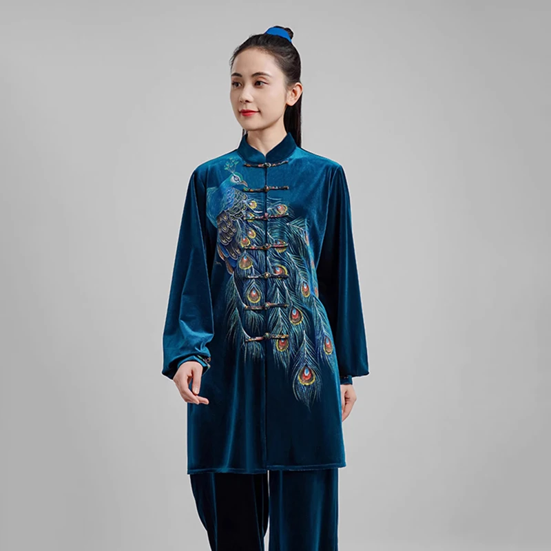 Kun Master Thicken Velvet Taichi Uniform Elegant Winter Martial Arts Suit Embroidery Kung Fu Clothes Taiji for Women