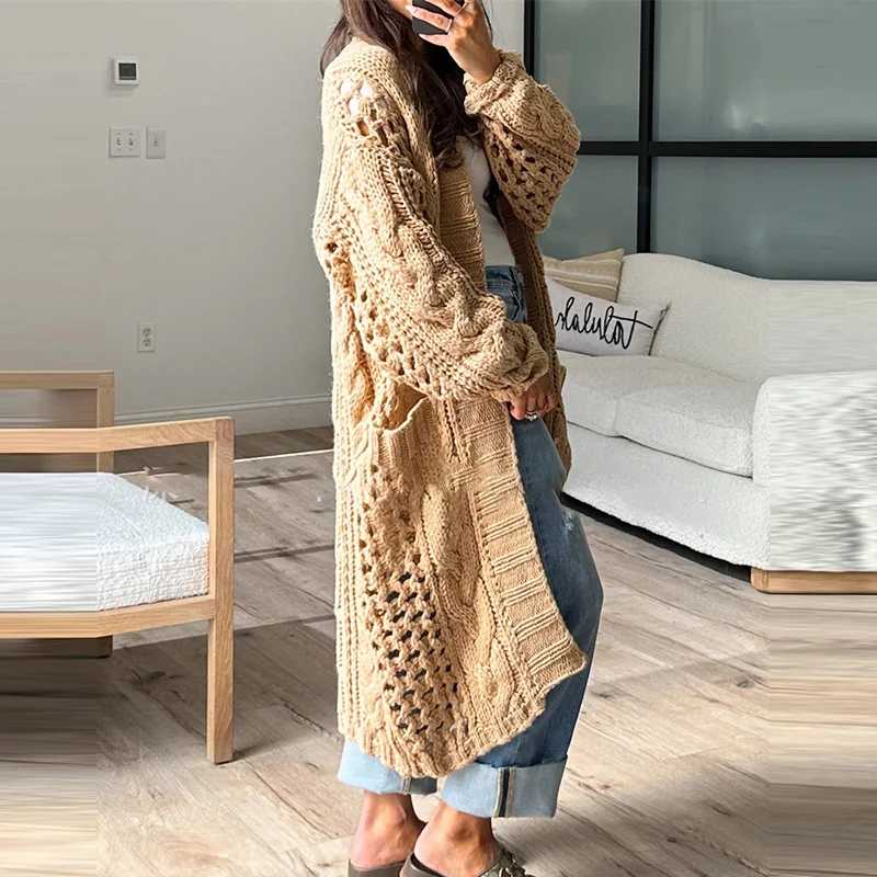 2024 Casual Solid Color Pocket Coat Ladies Elegant V Neck Hollow Knitted Cardigan Autumn Winter Thick Warm Loose Sweater Outwear