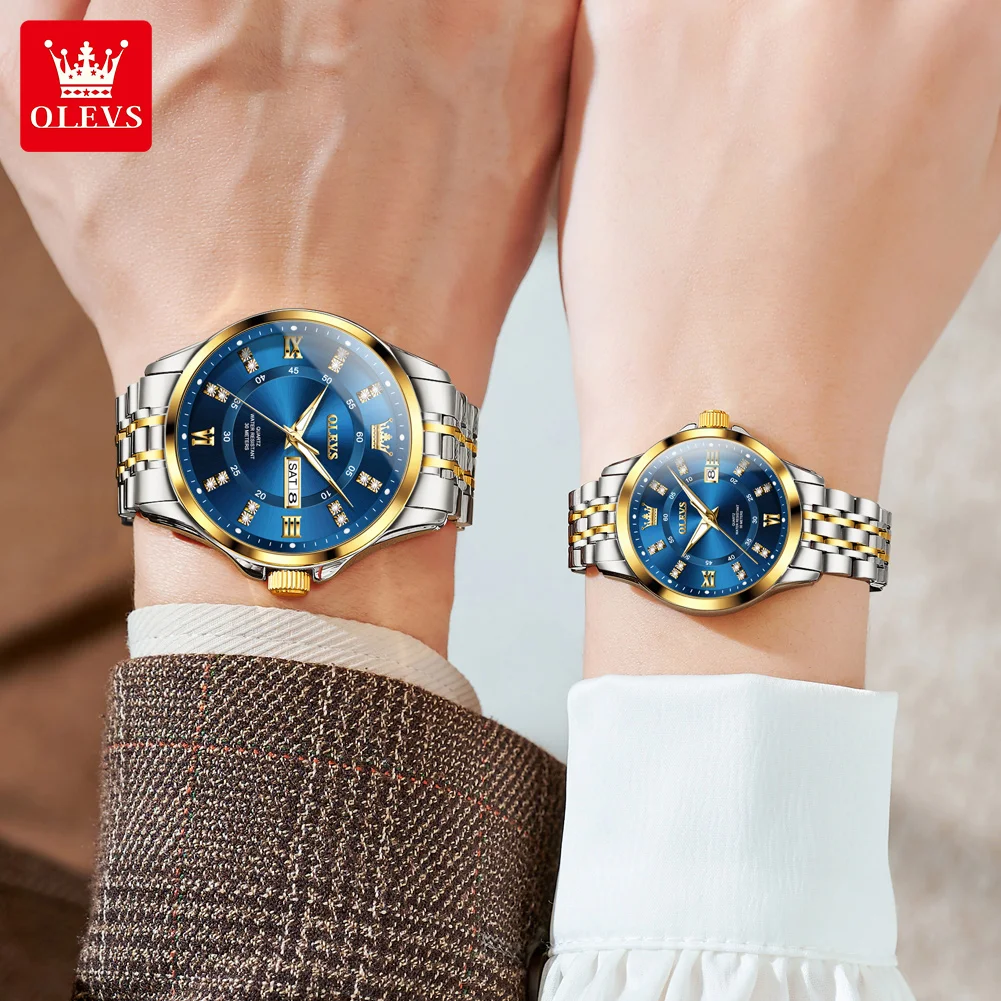 ساعات OLEVS للأزواج الفاخرة من أفضل العلامات التجارية المصنوعة من الفولاذ المقاوم للصدأ ساعة يد كوارتز أصلية لمحبي تقويم مضيء مقاوم للماء