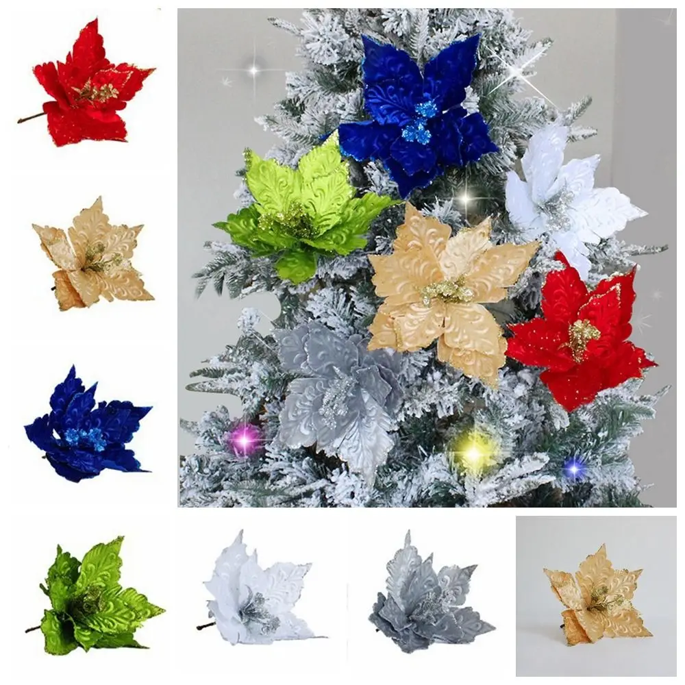 28CM Fake Artificial Christmas Flower Plastic ​DIY Simulated Wealth Flower Glitter Large Christmas Tree Ornaments Xmas