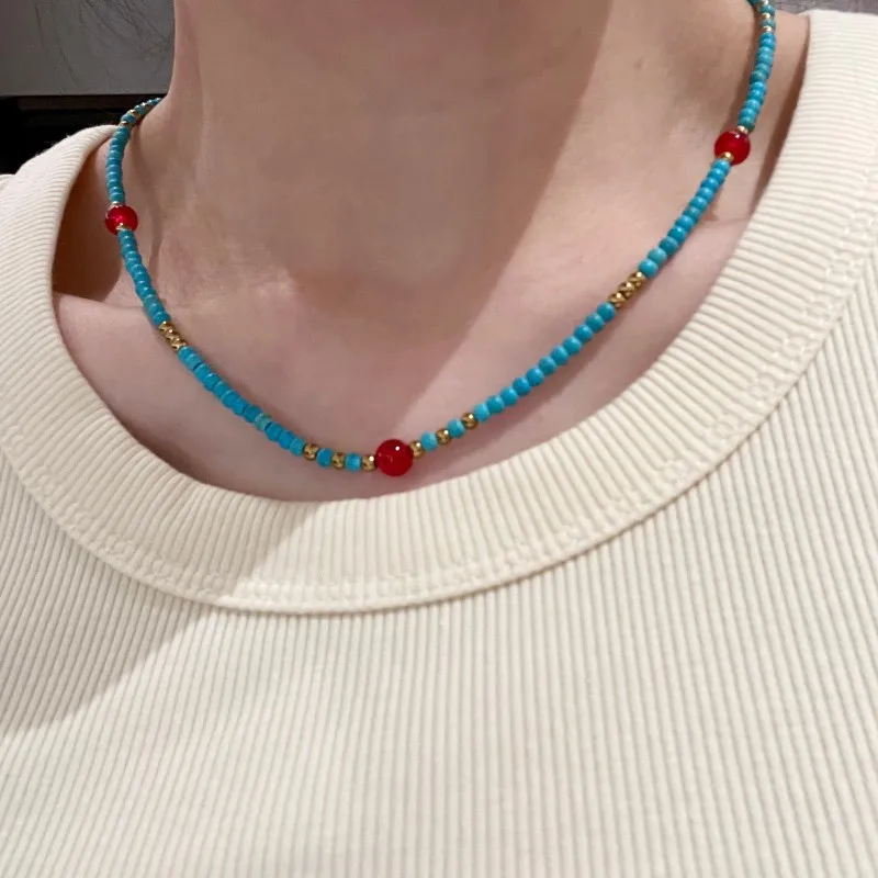 

Fashion Natural Turquoise Bead Necklace for Women's Red Crystal Collarbone Chain, Necklace Accessory