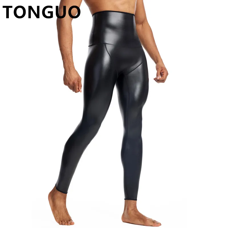 Herren schwarz hohe Taille Lederhose Body Shaper Taille Trainer Shaper Kontrolle Leggings Kompression Unterwäsche Fitness 9pts Hosen