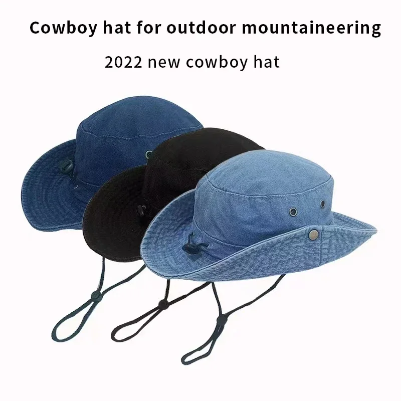 2024 Blue Cowboy Bucket Hat with String  Men Denim Beach Sun Hat for Women Outdoor Hiking Couple Bob Panama Summer Fisherman Hat