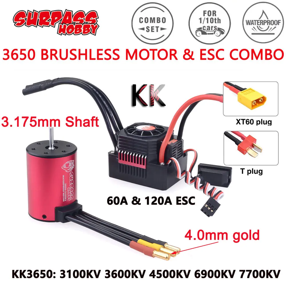 

Surpass Hobby KK Combo 3650 3100/3600/4500/6900/7700KV Waterproof Brushless Motor W/ 60A/120A ESC XT60/T Plug for 1/10 RC Car