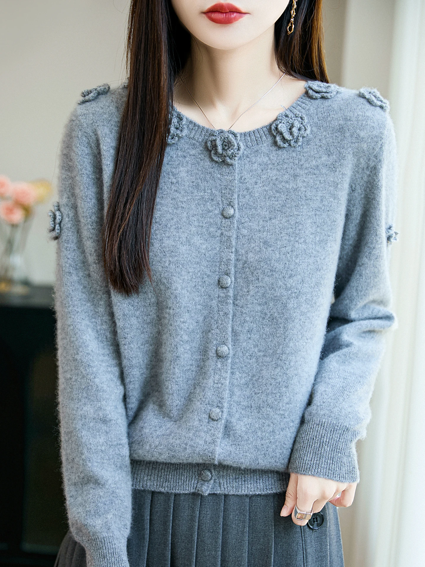 100% Merino Wool Women's Half Round Neck Cardigan Spring Autumn Casual Fashion Cashmere Knitted Sweater