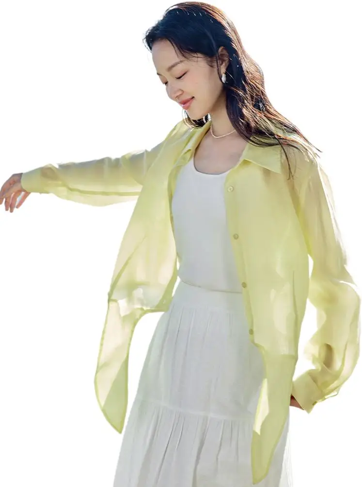 

2023 Spring/Summer Women Comfortable Lace Up Artificial silk Shirt, Versatile Sunscreen Artificial Silk Top, Large Women's Wear