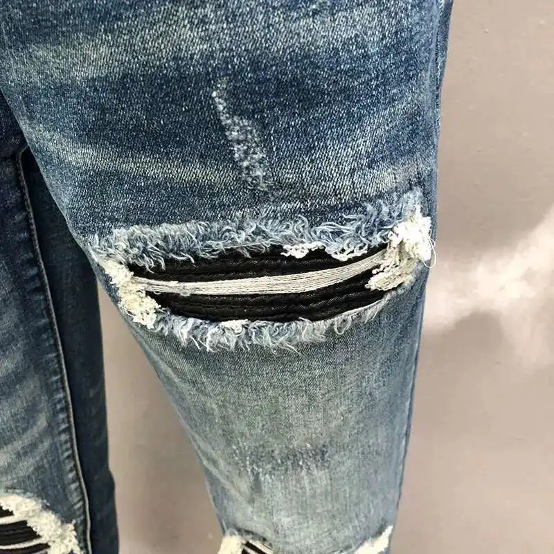 بنطلون جينز أزرق نحيف للرجال مع سحاب ، خليط ، هيب هوب ، مكدسة ، بنطلون دراجة نارية ، ملابس الشارع الشهير