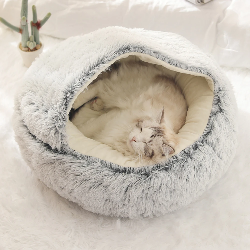 Winter Long Plush Pet Cat Bed Round Cat Cushion Cat House 2 In 1 Warm Cat Basket Cat Sleep Bag Cat Nest Kennel For Small Dog Cat