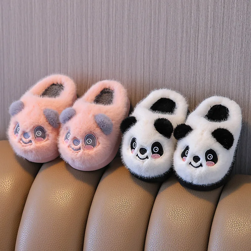 Kids'Slippers Plush Cartoon Fluffy Suede Winter Shoes For Children Anti-slip Thick Bottom Home Slipper White Pink Size 24-41