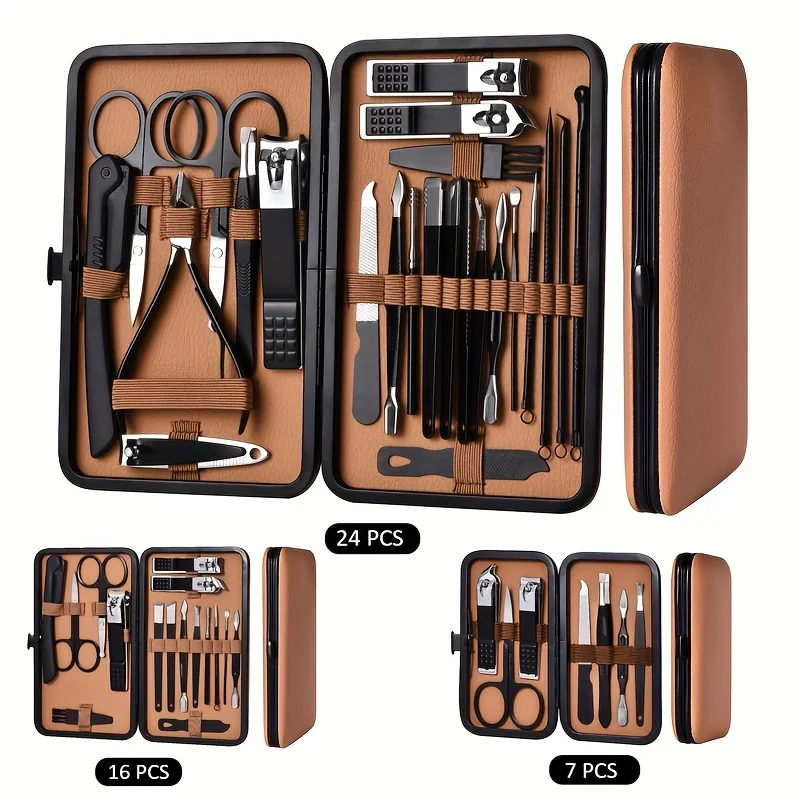 Conjunto de ferramentas de manicure e pedicure, 7/16/24 peças, cortador de unhas de aço inoxidável, pinça de cutícula, kit de aliciamento de arte de unha com lâmina côncava