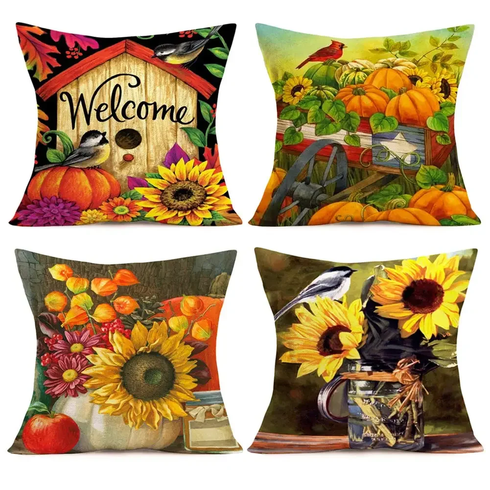 Autumn decoration sunflower pumpkin linen pillowcase sofa cushion cover home decoration can be customized for you 40x40 50x50