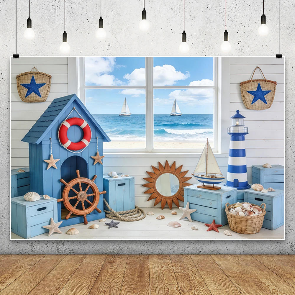 Summer Sea ​​Voyage Photography Background Sailboat House Navigation Tools Starfish Seashells Kids Adult Portrait Photo Backdrop