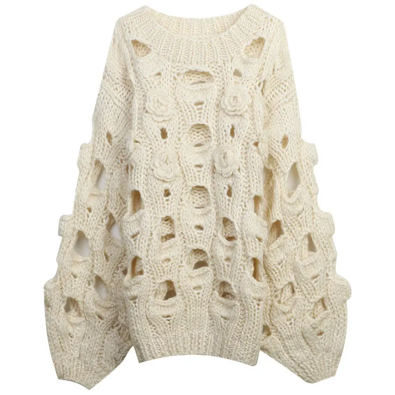 Jastie Crew Neck Long-sleeved Sweater Pullover 2023 Spring Autumn Women's Clothing Loose Hollow Heavy Flower Knitted Jumpers Top