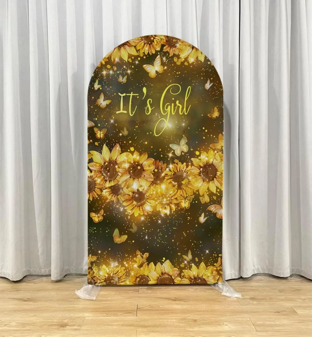 It's A Girl Sunflower Arch Backdrop Cover for Baby Shower Gender Reveal Party Decoration Double-Sided Elastic Spandex Cover
