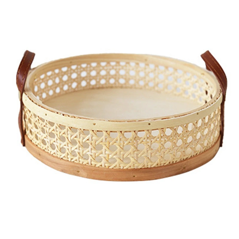 Rattan Woven Storage Basket Home Living Room Round Placing Tray for Fruit Bread Breathable Desktop Organizer -Wood Color