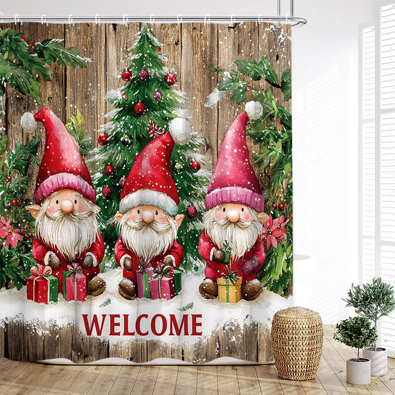 Cute Elf Christmas Shower Curtain Grey Wooden Plank Xmas Tree Winter Snowflake New Year Bathroom Decor Bath Curtains With Hooks