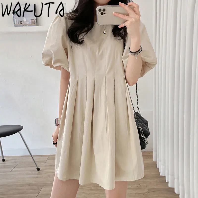 

WAKUTA Korean 2024 Simple Vintage Pleated Dress Women Summer 2024 New Fashion Elegant Short Lantern Sleeve Mini Dresses 9C747