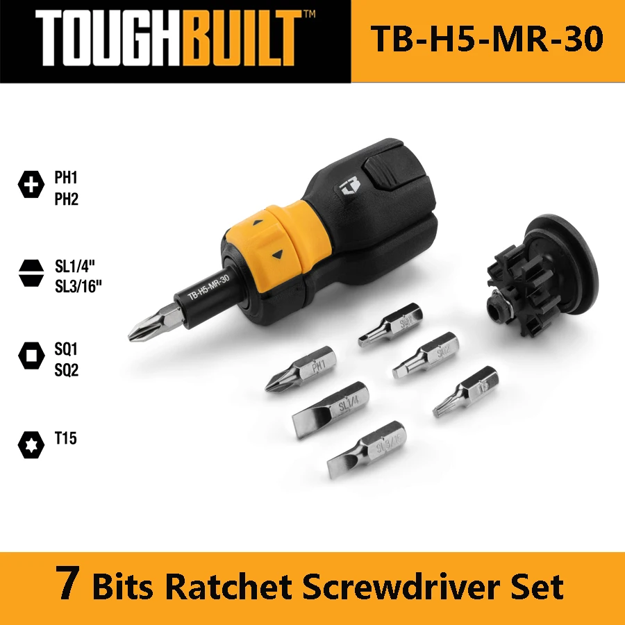 

TOUGHBUILT TB-H5-MR-30 Ratchet Screwdriver Set 8PCS of PH/SL/SQ/TORX Screwdriver Set Ratcheting 7 Bits Driver S2 Steel Hand Tool