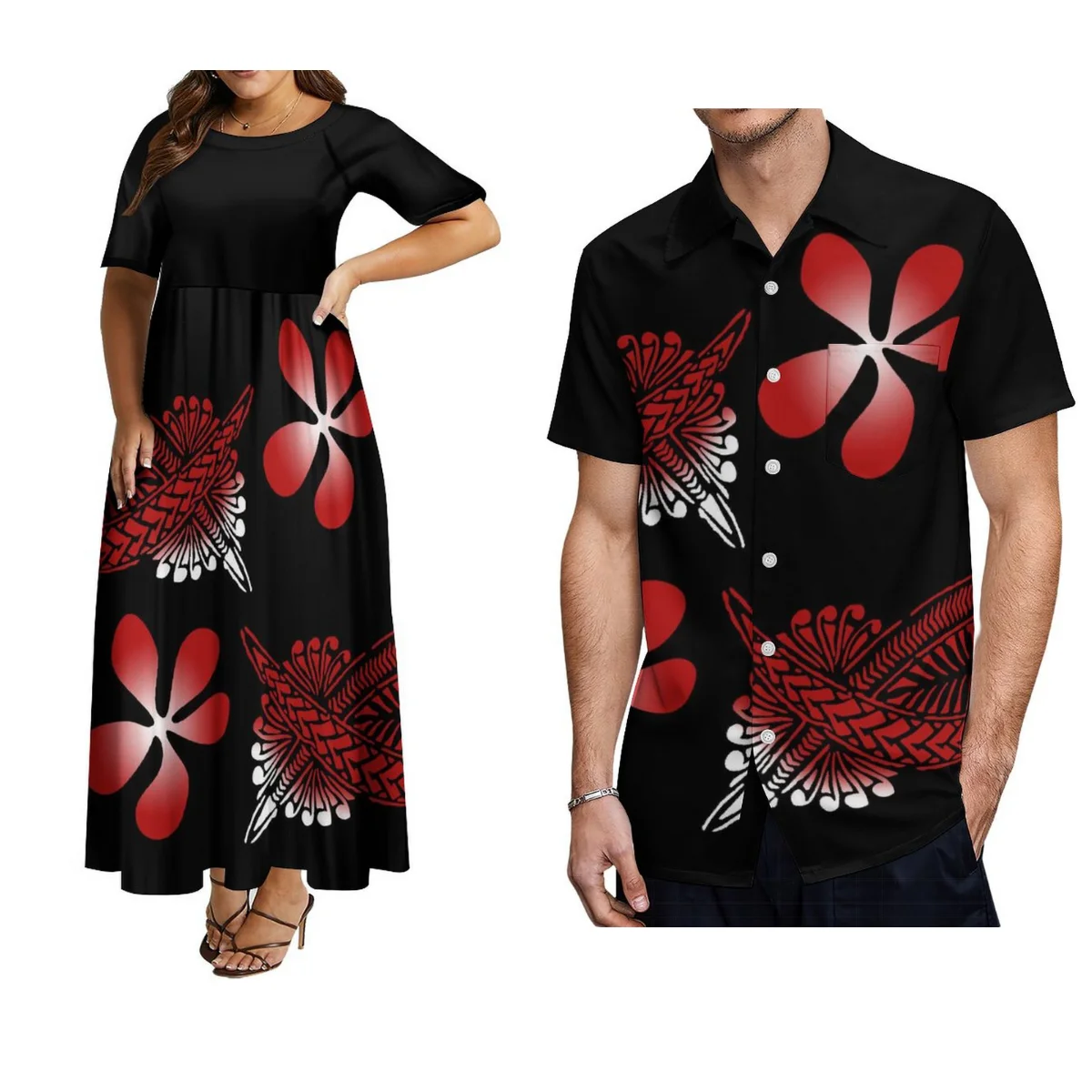 Hot Selling Fashion Short Sleeve Dresses For Women And Aloha Shirts For Men Polynesian Blue Tribal Design Couple Suits