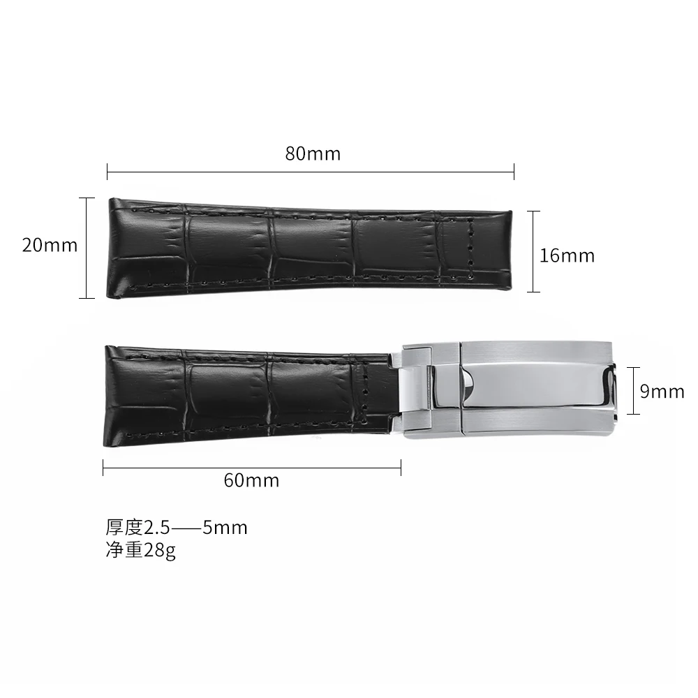 جلد العجل حزام (استيك) ساعة ل رولكس الغواصة المياه شبح دايتونا GMT 20 مللي متر حزام مقاوم للماء أساور الأعمال مشبك قابل للطي #6