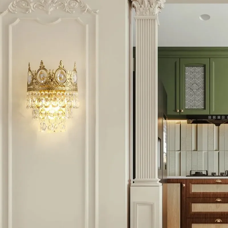 Modern Solid Brass Wall Sconce For Living Room Background French Style Bedroom Bedside Light European Crystal Decor Lamp