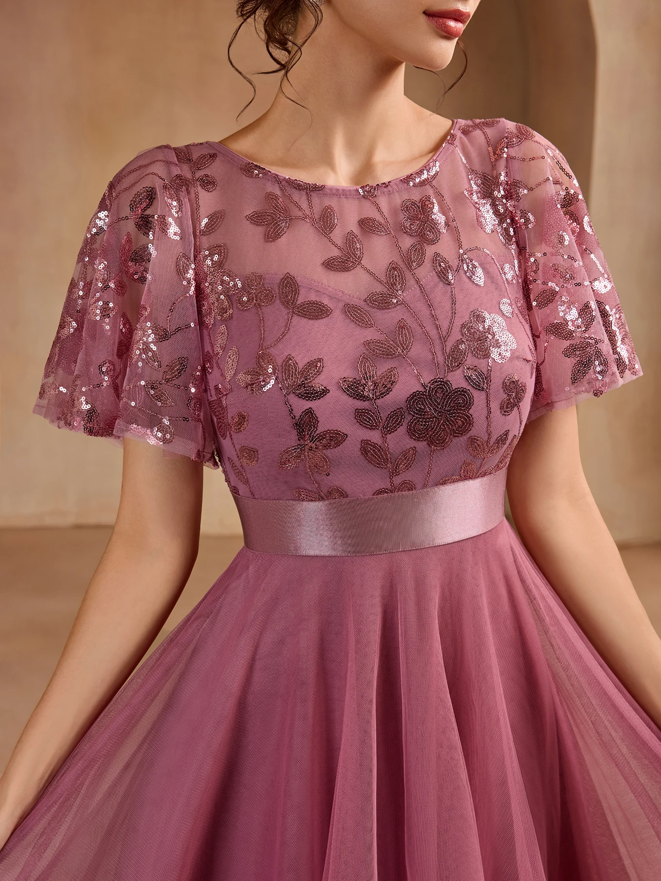 2025 جديد قصير الأكمام س الرقبة ثوب مسائي الدانتيل التطريز فستان خادمات الزفاف ألف خط الكرة ثوب حفلة عيد ميلاد فستان #3