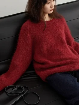 CHIC VEN Alpaca Blend Crew Neck Sweater 3 CHIC VEN Women's Sweater Pullover Solid Loose O Neck New Soft Alpaca Female Tops Woman Knitwear Jumpers Spring Autumn 2024 3