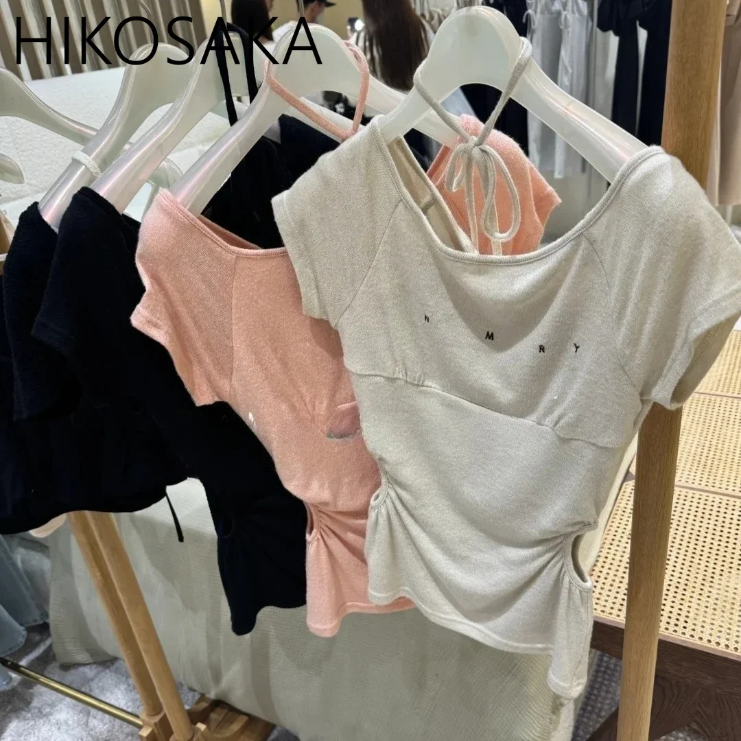 

Fashion Lace Up Hollow Out Slim Waist Sexy Tshirts Women O-neck Short Sleeve Casual All-match Tee 2025 Summer New Chic Top