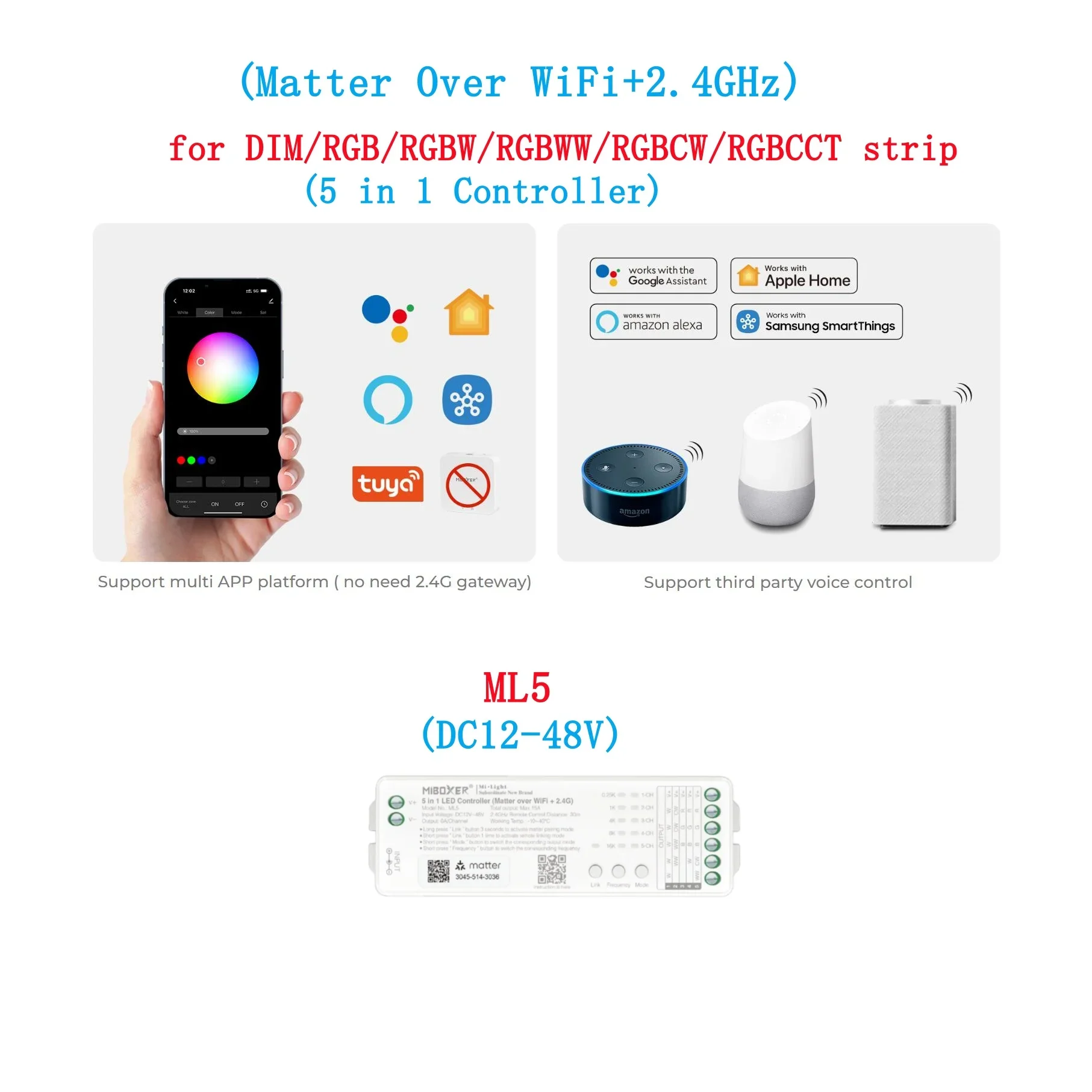 MIBOXER Matter Over LED Controller ML5 SM2 SM5 WiFi+2.4GHz Tuya APP Voice WIFI For Single Color/RGB/RGBW/RGBWWRGBCCT Strip
