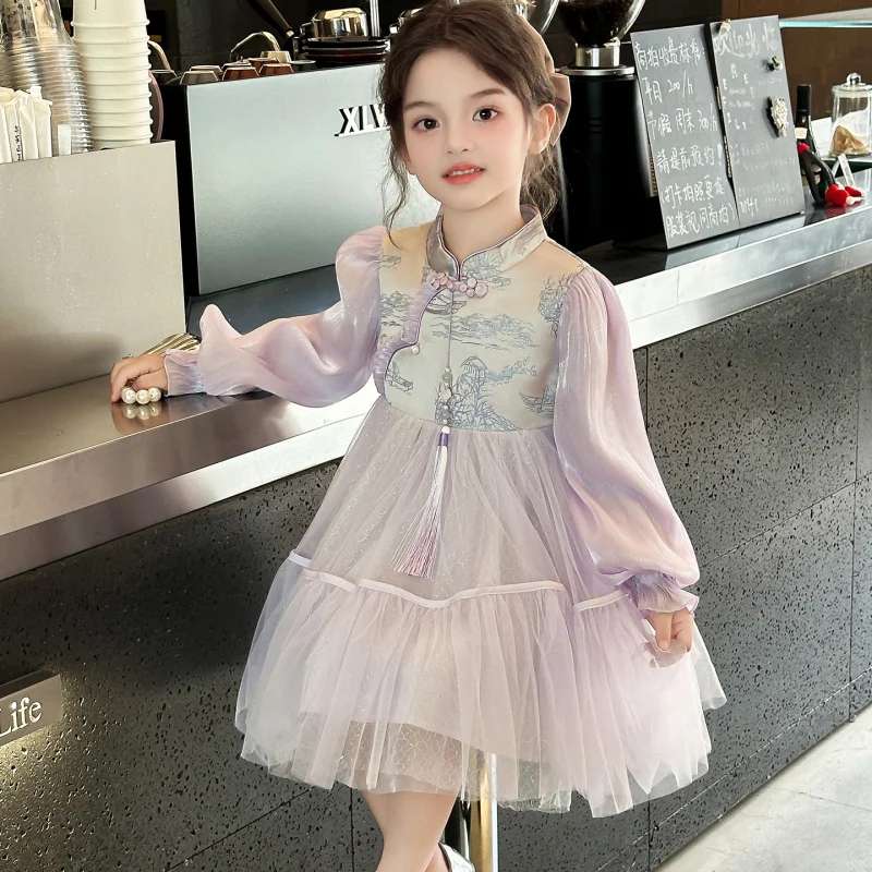 New stylish Chinese-style long-sleeved purple princess dress with button closures for girls, high quality