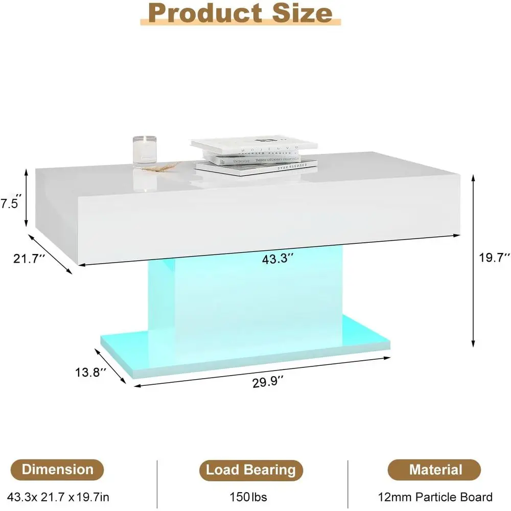 Moderner rechteckiger LED-Couchtisch mit 16 Farboptionen für Wohn- und Esszimmer, weiße Oberfläche
