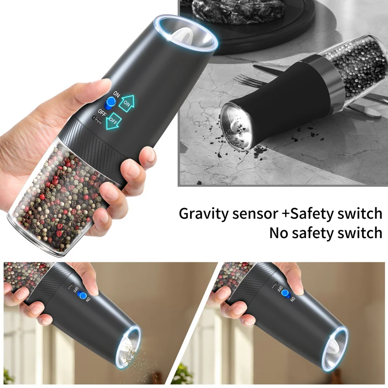 USB Rechargeable Gravity Electric Salt Pepper Mill Automatic Grinder Adjustable Coarseness One Hand LED Light Safety Switch
