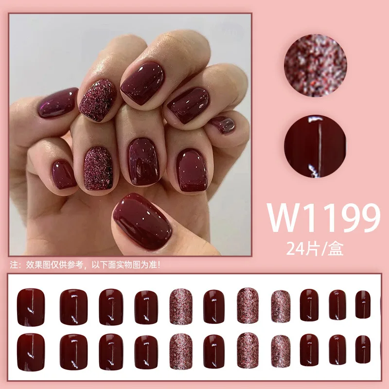 24pcs Burgundy Glitter Fake Nails Set Short Press on Nail Stick on False Nails Acrylic Cheap Red Square Finger Nail for Gluing