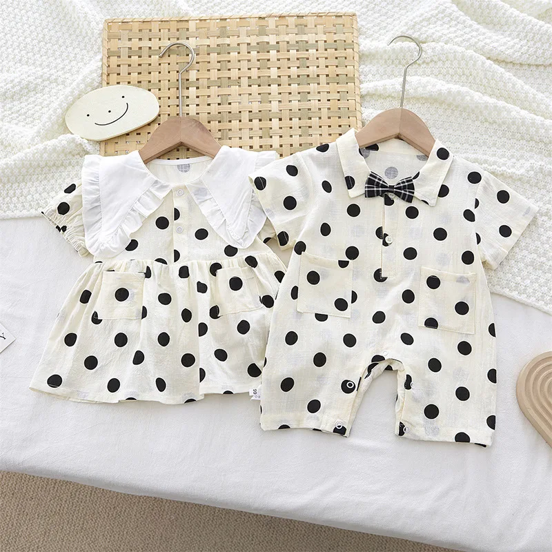 Summer Baby Boy Romper Girls Dress Sister Younger Brother Twins Clothes Toddler Newborn Infant Short Sleeve Dot Overalls Outfits