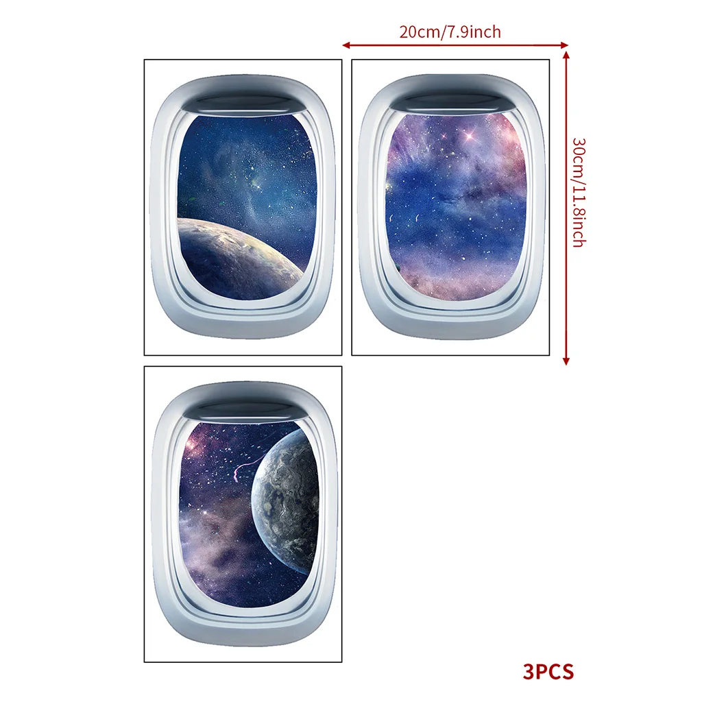 Set Of 3 Realistic Airplane Porthole Starry‑Sky Wall Stickers Single Size 20x30cm