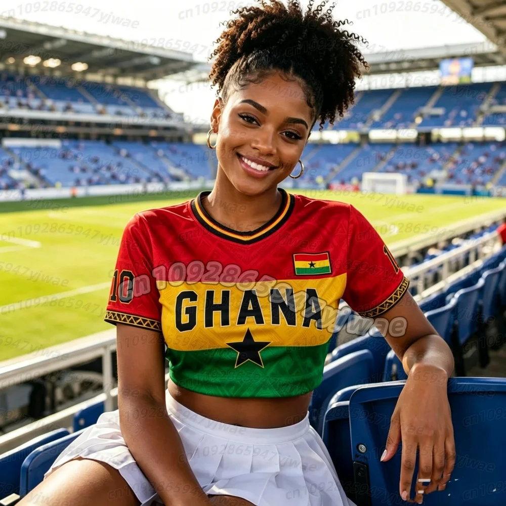 2026 Ghana Fußball-Crop-Top-Trikot für Damen, Cheerleader-Fußball-T-Shirt, Damen-Mädchen-Fußballtrikot, kurzärmeliges Damen-T-Shirt