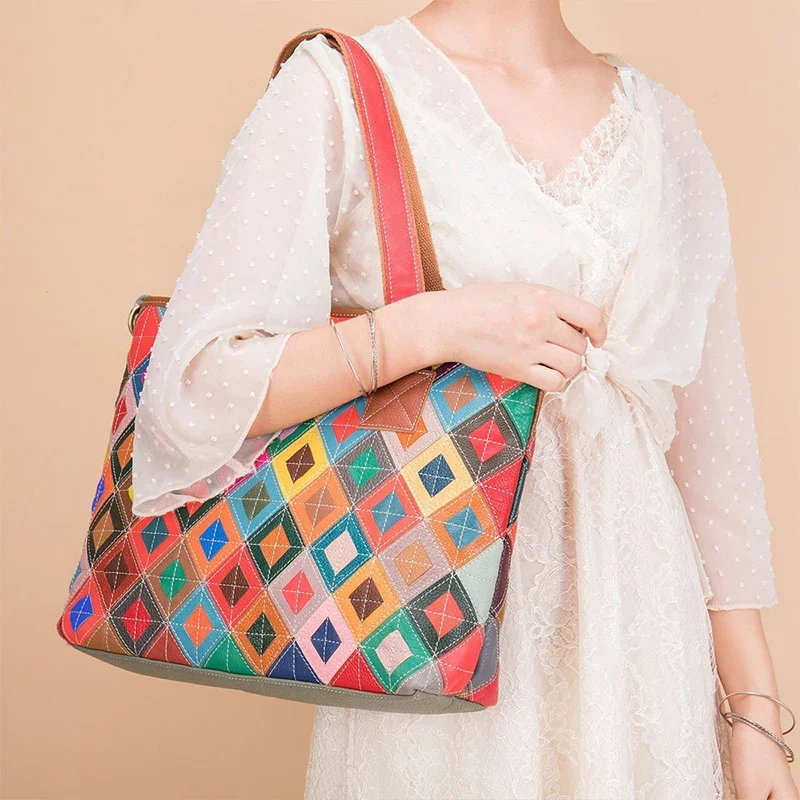 Genuine Leather Ethnic Style Tote Bag Women's Colorful Quilted Contrast Color Top Grain Cowhide Handbag Shoulder Crossbody Bag