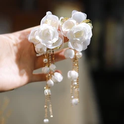 exquisite camellia bud rhinestone tassel ear clip bridal earrings dress wedding accessories.