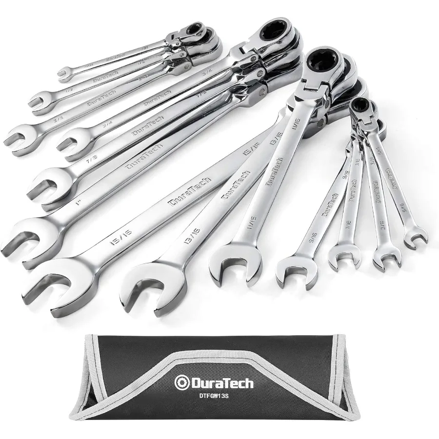 

Flex-Head Ratcheting Combination Wrench Set SAE 13-piece 5/16'' to 1'' CR-V Steel with Rolling Pouch