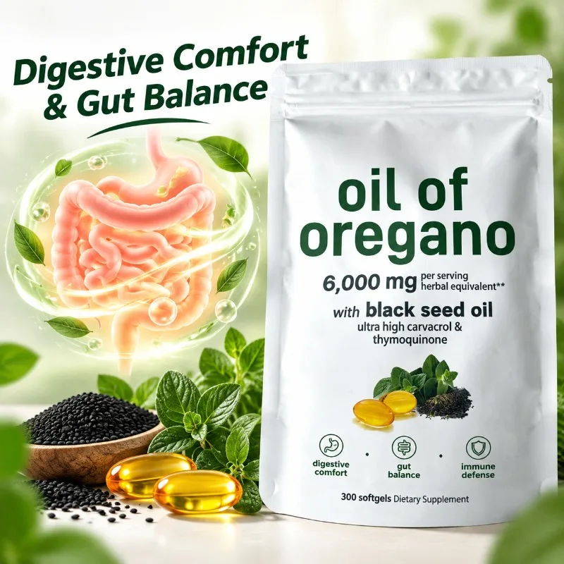 Oregano Oil & Black Seed Oil Softgels for Digestive Comfort, Immune Defense & Gut Balance, Carvacrol, Thymoquinone, 300 Count