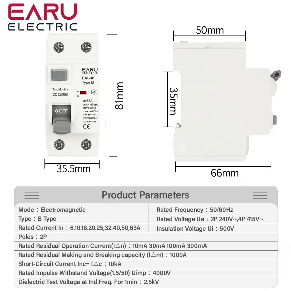 2P Type B RCCB RCD 10/30/100/300mA DC 6KA Electric Vehicle EV Charging Pile Residual Current Breaker Din Rail Earth Leakage