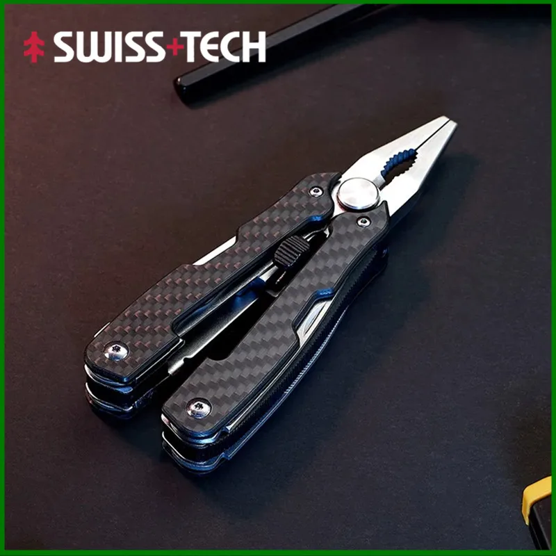 Swiss Tech 9-in-1 カーボンファイバー ハンドツール、アウトドア サバイバル & キャンプ用品用折りたたみ式コンパクト マルチツール、EDC エッセンシャル プライヤー