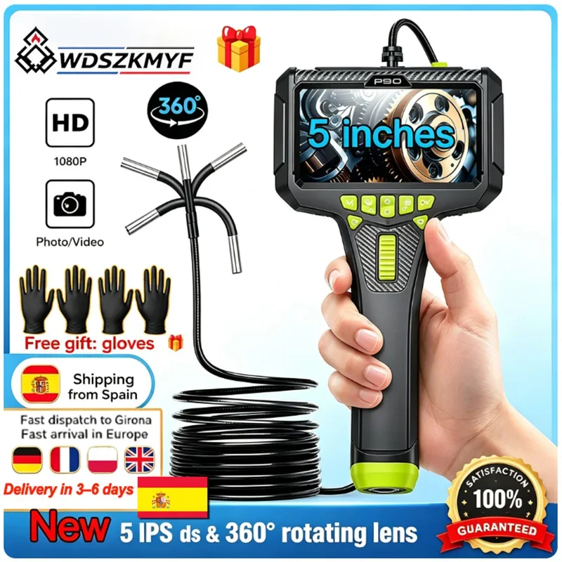 Caméra endoscopique industrielle rotative à 360 degrés avec écran IPS de 5 pouces, boroscope d'inspection articulé HD 1080P avec 6 lumières LED, caméra de visuailisation étanche pour plombiers, bricolage domestique, réparation automobile, égouts, cheminées, détection visuelle interne de machines