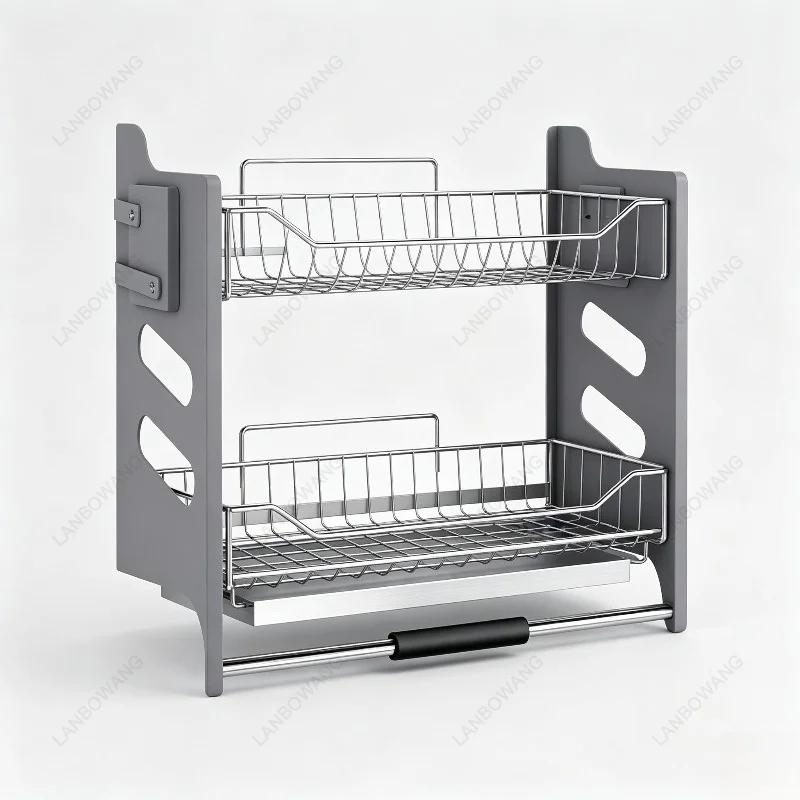 Stainless Steel Kitchen Pull‑Down Dish Basket, Damping Buffer Hanging Storage Rack for Bowls Plates Smooth Lifting Organizer