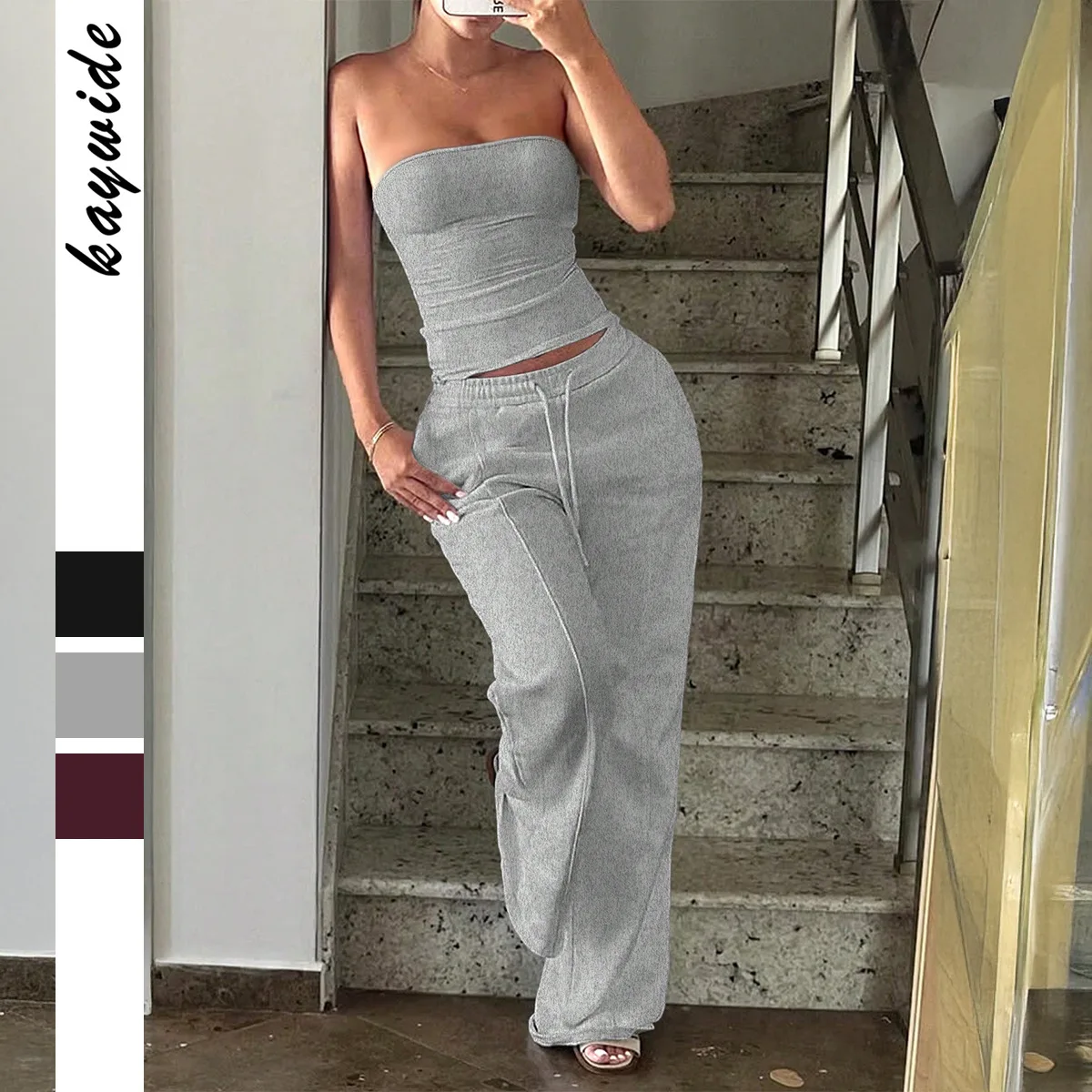 

KIDCRKJ Повседневный женский летний комплект из 2 предметов, однотонный, сексуальный женский топ-бюстье, широкие брюки на шнурке, спортивная одежда для женщин