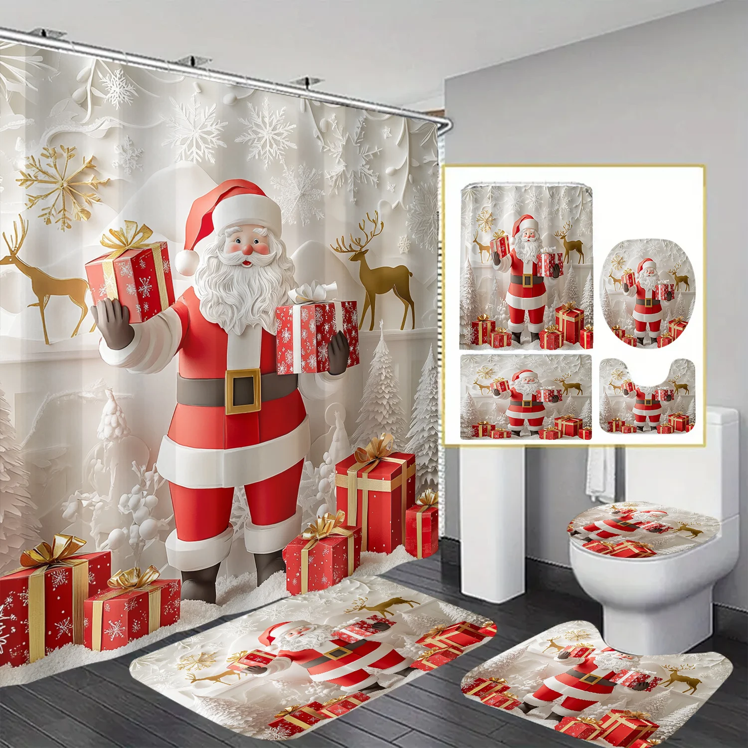 

Santa Claus Theme Shower Curtain 12 Hooks Suitable for Room Home Hotel Machine Washable Window Curtains Bathroom 4pcs